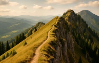 Wanderweg auf einem Berggipfel mit grünen Wiesen und weitem Blick auf die umliegenden Berge in der Natur.