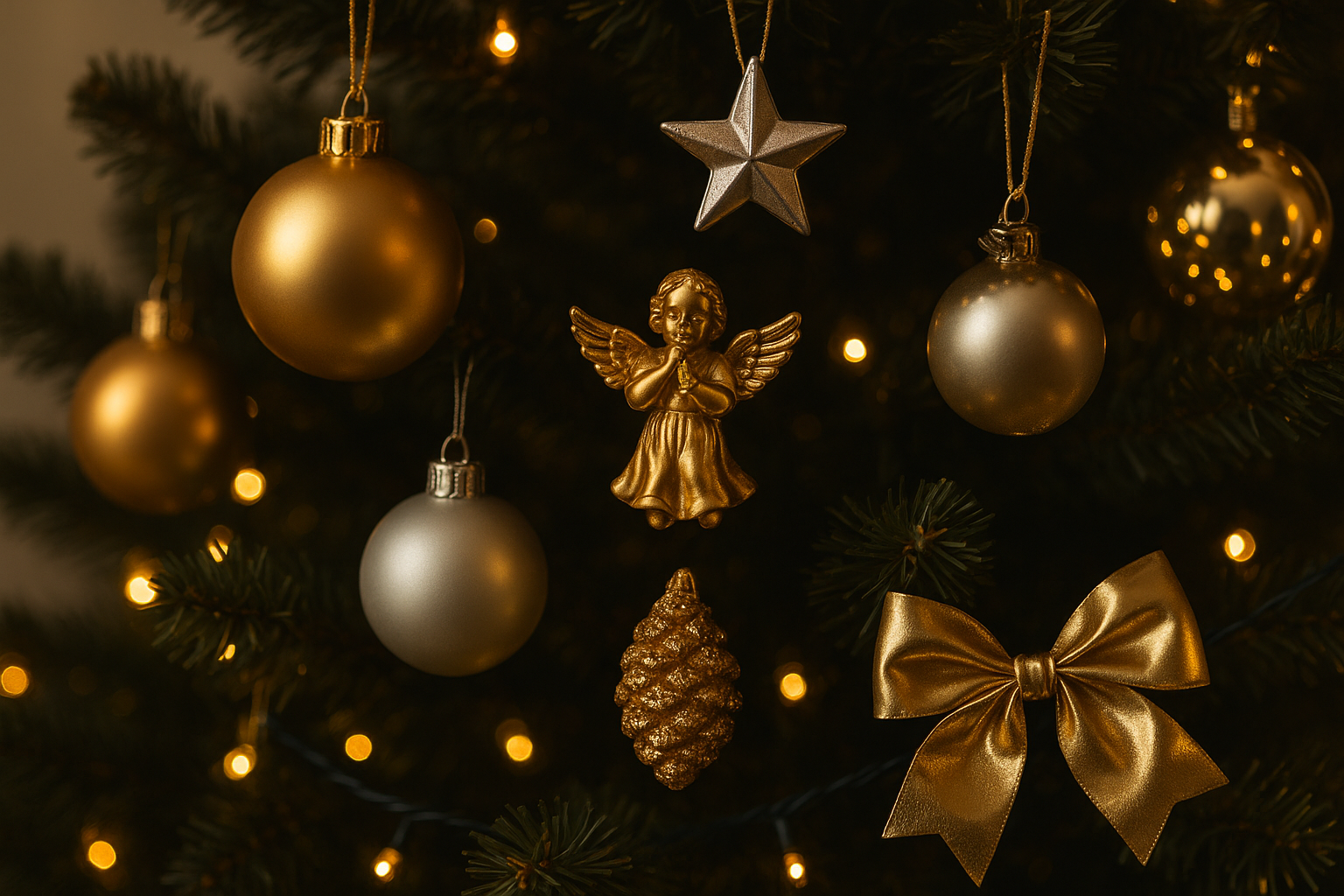 Ein wunderschön geschmückter Weihnachtsbaum mit goldenen Kugeln, einem Engel und Lichtern, ideal für die Weihnachtszeit.