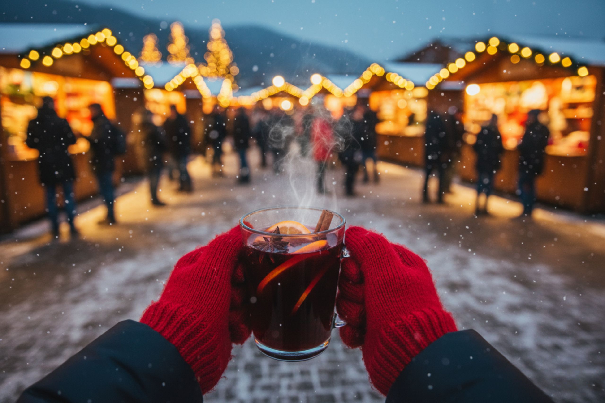 Eine dampfende Tasse Glühwein in roten Handschuhen, während Besucher den festlichen Weihnachtsmarkt im Schnee erkunden.