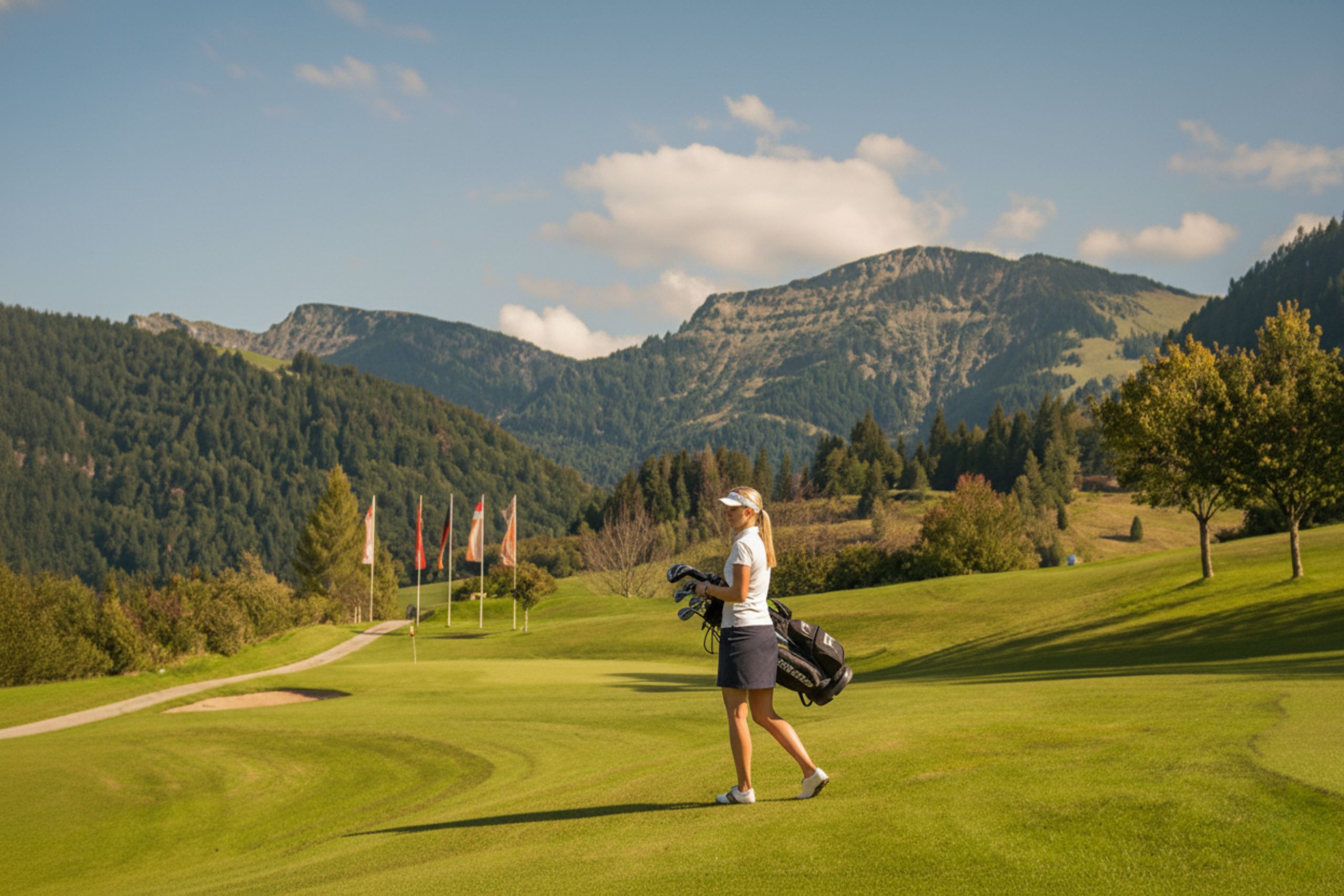 Eine Golfspielerin mit Golfschlägern auf einem Alpen-Golfplatz, umgeben von grünen Wiesen und beeindruckenden Bergen.