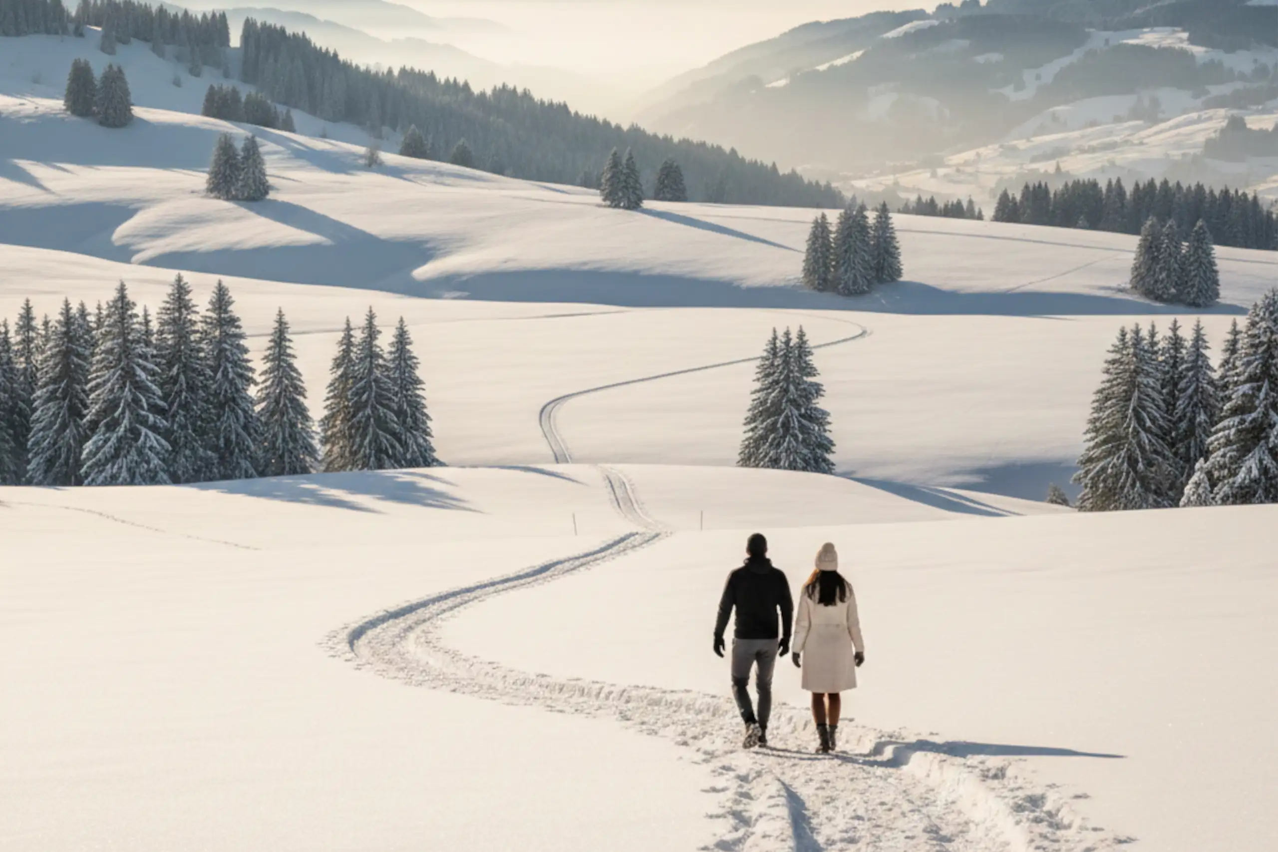 Winterwanderung durch verschneite Landschaft im bezaubernden Berchtesgaden erleben Paar beim Spaziergang durch die verschneite Winterlandschaft in Berchtesgaden, umgeben von schneebedeckten Tannen und sanften Hügeln.