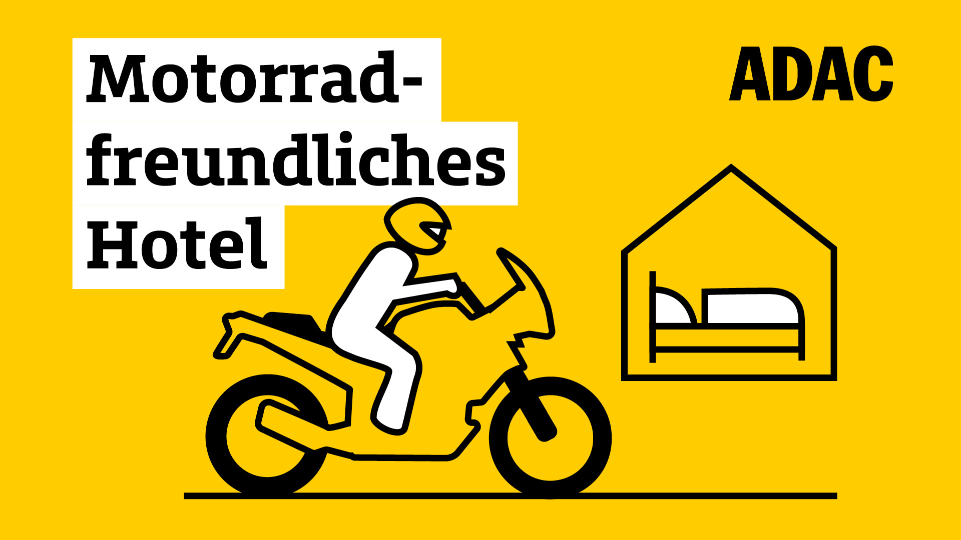 Ein Symbol für ein motorradfreundliches Hotel, ideal für Motorradfahrer, mit einem Bett-Icon und gelbem Hintergrund für Komfort.